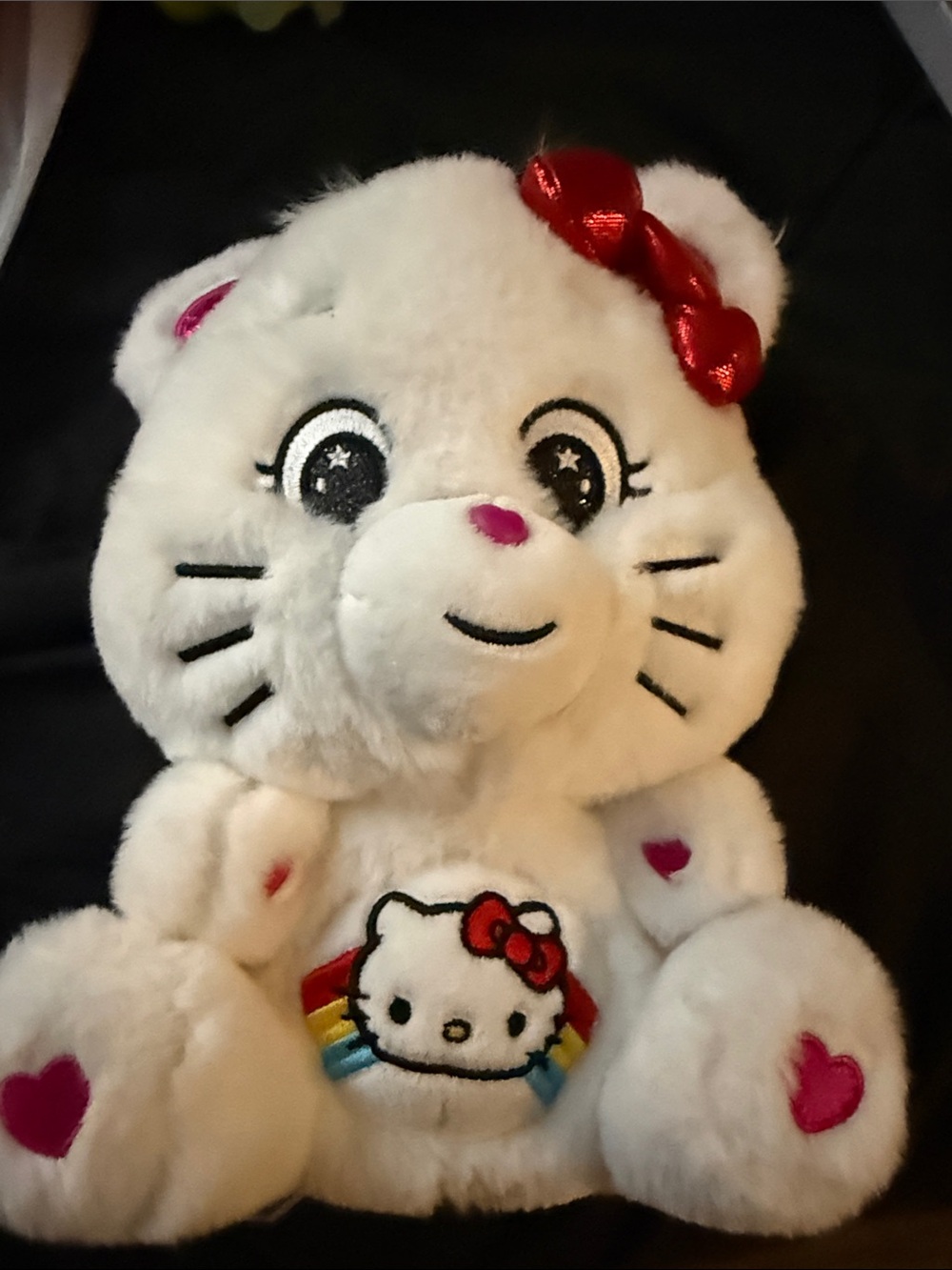 Cheer Bear White Plush with Red Satin Bow and Pink Heart Accents